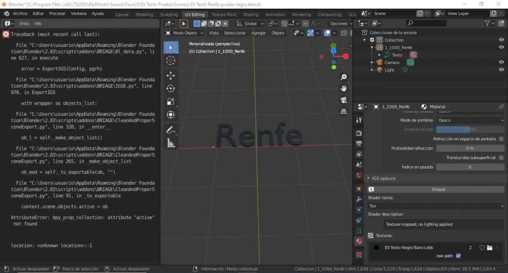 Blender 2.83 problemas al exportar a IGS el texto con el shader Tex.png