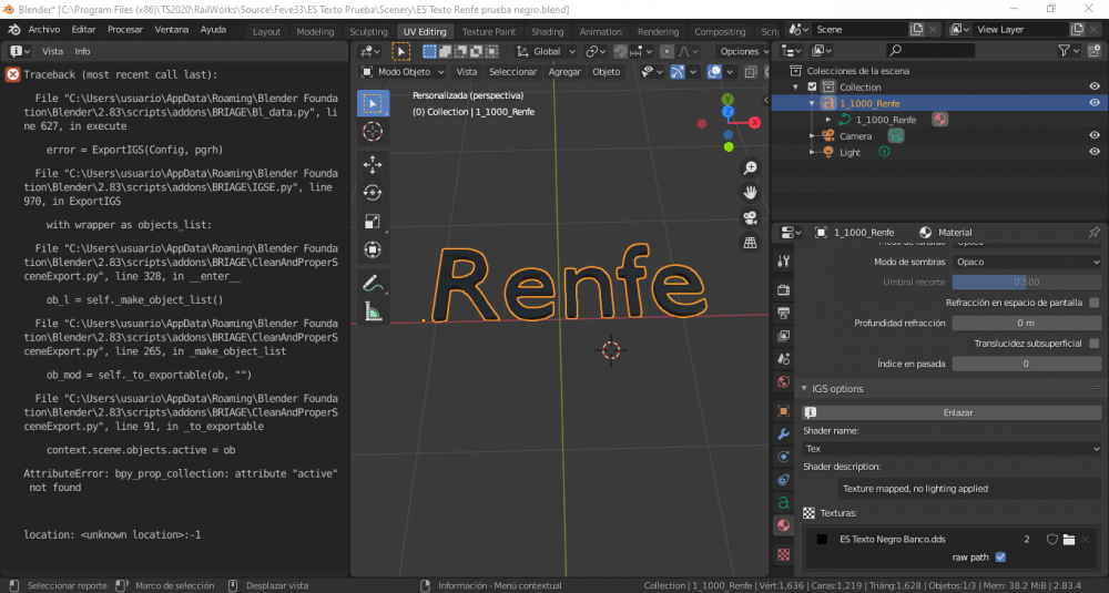 Blender 2.83 problemas al exportar a IGS el texto con el shader Tex arreglado solo el nombre(objeto seleccionado).png