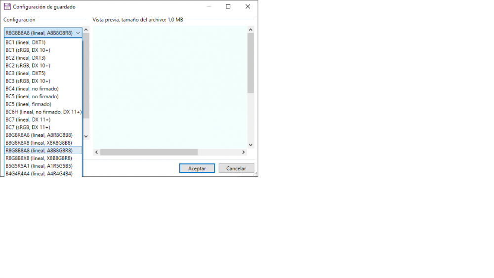 Configuración usada para la textura transparente a exportar a dds.png