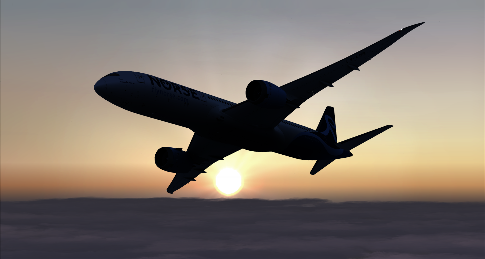 Norse 787 bij zonsondergang
