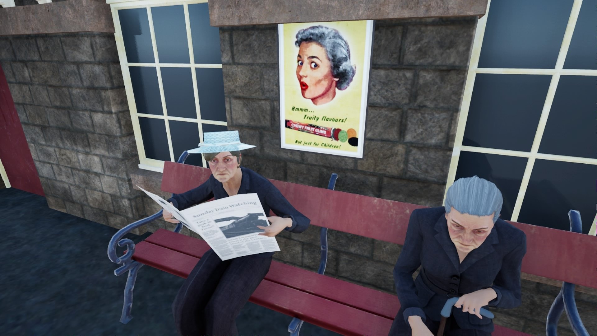 De "Old Lady" leest de krant aangaande stoomtreinen.